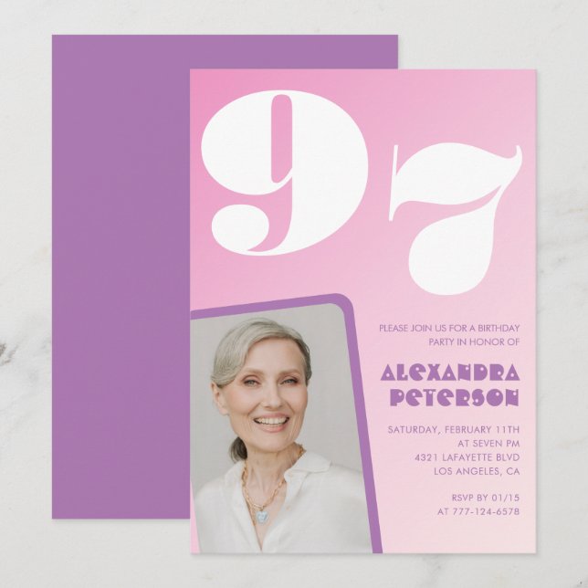 Invitación Foto gradiente rosa púrpura Cumpleaños 97 (Anverso / Reverso)