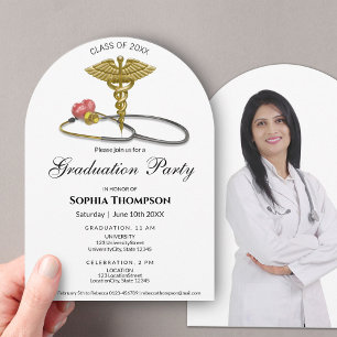 Invitación Foto Graduación Caduceo Dorado Estetoscopio Arco