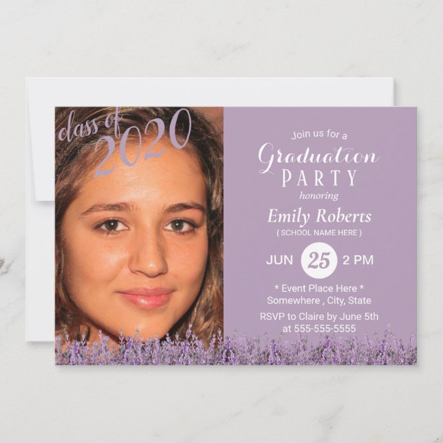Invitación Foto Graduación Clásica Lavender Floral Purple (Anverso)