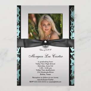 Invitación Foto Graduación Damasco Negro Verde azulado