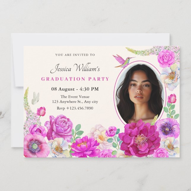 Invitación Foto Graduación de flores estéticas (Anverso)