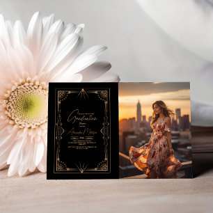 Invitación Foto Graduación de Gatsby Geométrica de Oro Negro