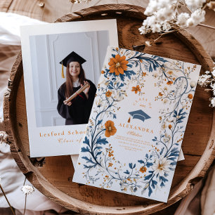 Invitación Foto Graduación Floral de Naranja de la Marina Vin