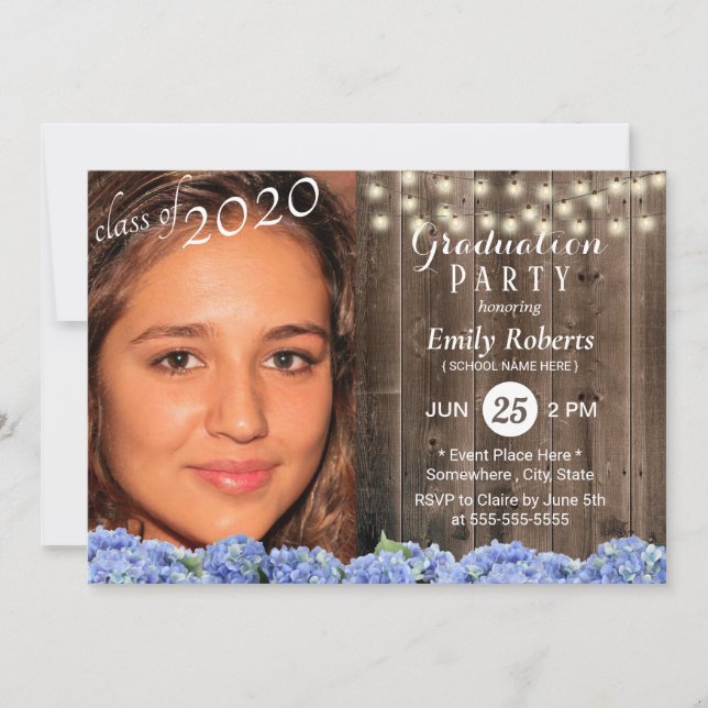 Invitación Foto Graduación Rustic Wood Hydrangea Floral (Anverso)