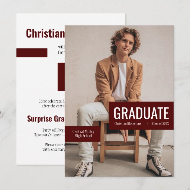 Invitación Foto grande con bloques de graduación de cimarrone (Anverso / Reverso)