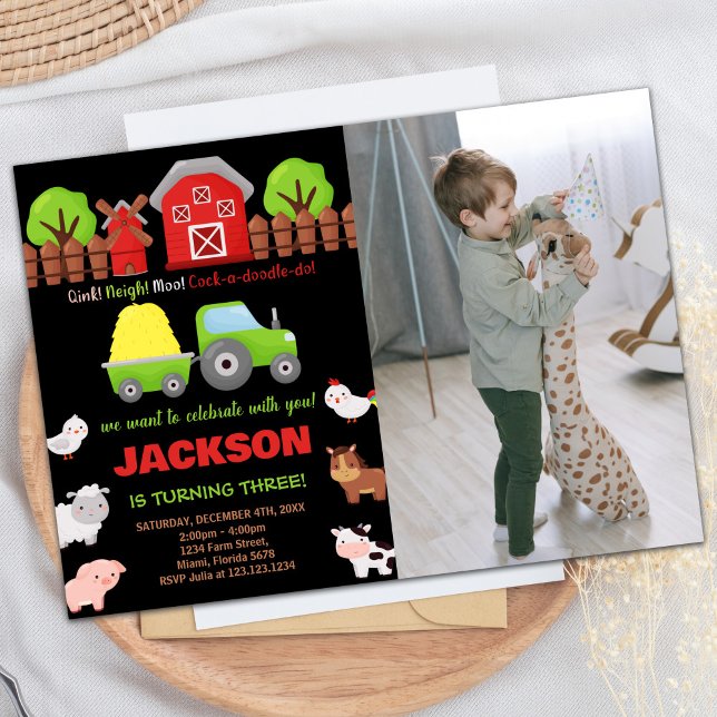 Invitación Foto Green Black Red Farm Animals Birthday (Photo Green Black Red Farm Animals Birthday Invitation)