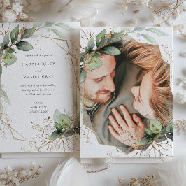 Invitación Foto Greenery y Boda de Faux Gold