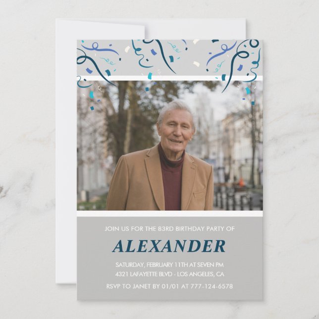 Invitación Foto Grey para él Confetti cumpleaños número 83 (Anverso)