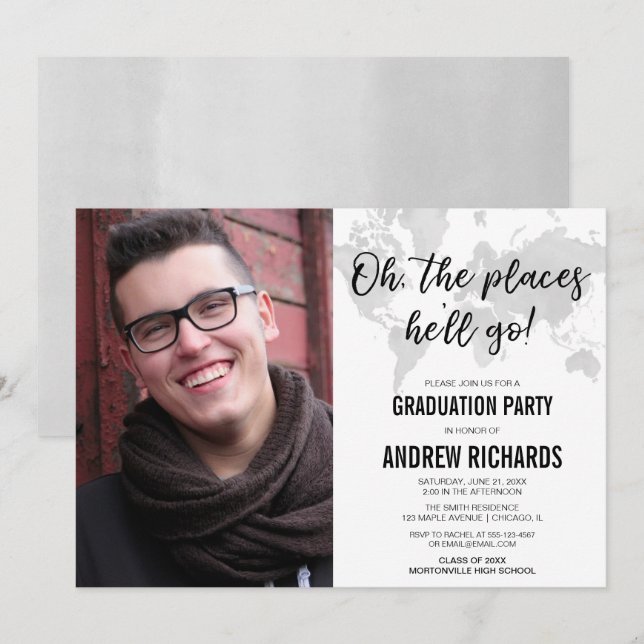 Invitación Foto gris blanca negra de la graduación del tema (Anverso / Reverso)