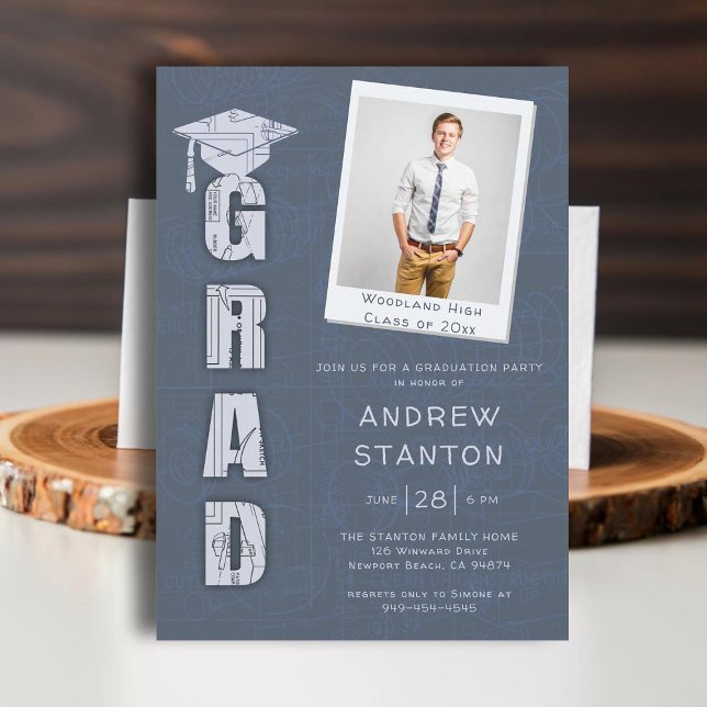 Invitación Foto gris de tecnología de posgrado de secundaria  (high school graduation boys ceremony party invitation tech technical science scientist engineer gray)