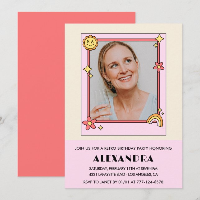Invitación Foto Groovy de la retro rosa de los 70. cumpleaños (Anverso / Reverso)