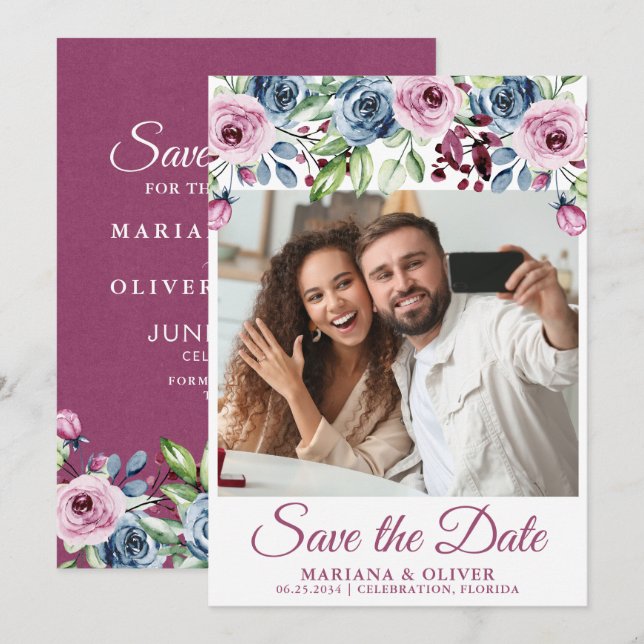 Invitación Foto Guardar Fecha Azul Marino Burgundy Floral (Anverso / Reverso)