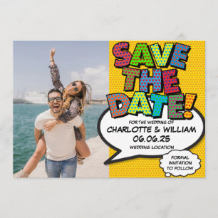 Invitación Foto Guardar Fecha Divertido Arte Pop Cómic Retro