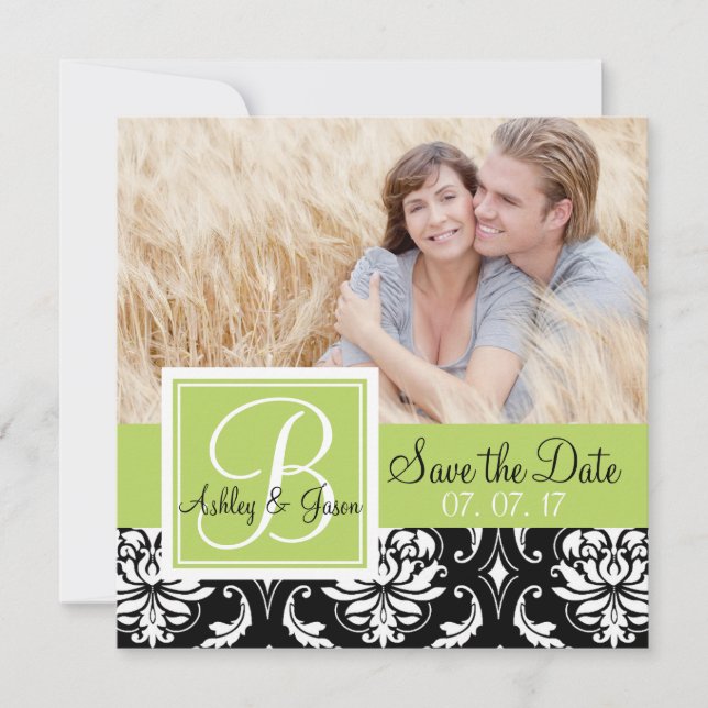 Invitación Foto Guardar Fecha Negra Damask Inicial Verde (Anverso)