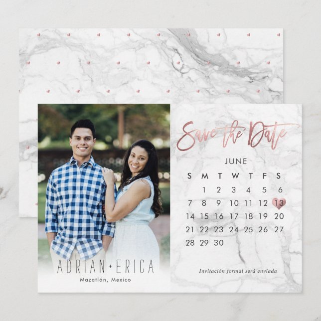 Invitación Foto Guardar la fecha Calendario Marble Rosa Oro (Anverso / Reverso)