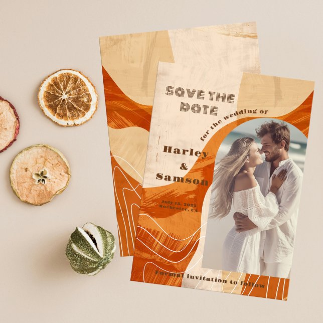Invitación Foto Guardar la fecha, diseño naranja retro quemad (Subido por el creador)