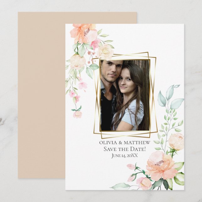 Invitación FOTO GUARDAR LA FECHA | Flores de coral acuarelas (Anverso / Reverso)