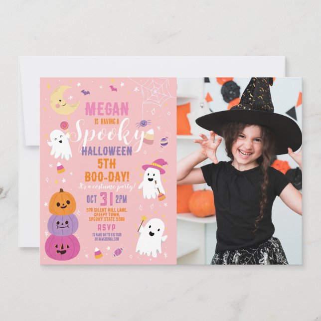 Invitación Foto Halloween Cumpleaños Chicas Fiesta Calabaza (Anverso)
