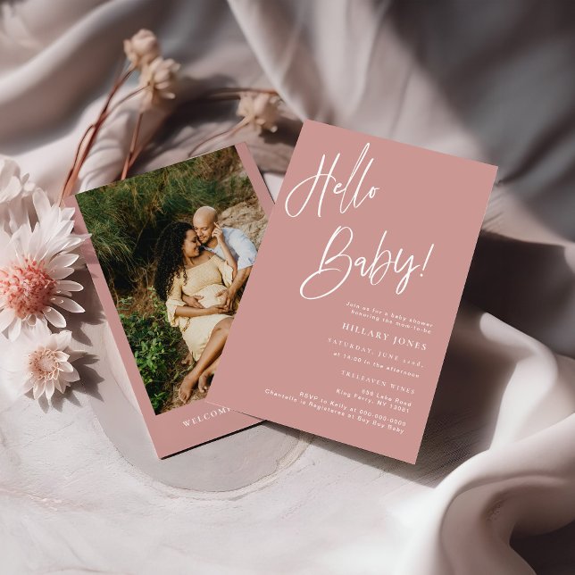 Invitación Foto Hello Baby Dusty Pink/Rosa Boho Baby Shower (Subido por el creador)