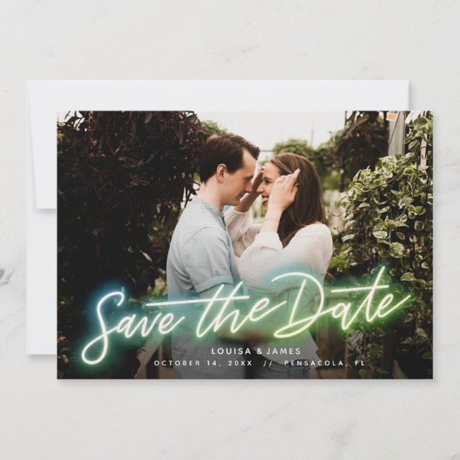 Invitación Foto horizontal Neon Save the Date (Anverso)