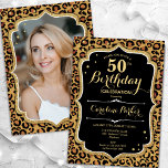Invitación Foto impresa de Black Gold Leopard por 50 años<br><div class="desc">Elegante invitación femenina de 50 años con tu foto al fondo de la tarjeta. Diseño negro de cristal con estampado de leopardo animal y oro falso purpurina. Presenta el tipo de letra del guión y el perfil. Perfecto para un elegante fiesta de celebración de cumpleaños. Personaliza con tus propios detalles....</div>