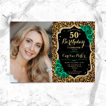 Invitación Foto impresa del leopardo verde esmeralda por 50 a<br><div class="desc">Elegante invitación de 50 años floral femenina con tu foto. Diseño de color verde negro brillante con oro falso purpurina. Presenta papel de leopardo animal, rosas verdes esmeraldas, fuente de guiones y confeti. Perfecto para un elegante fiesta de celebración de cumpleaños. Personaliza con tus propios detalles. ¡Se puede personalizar para...</div>