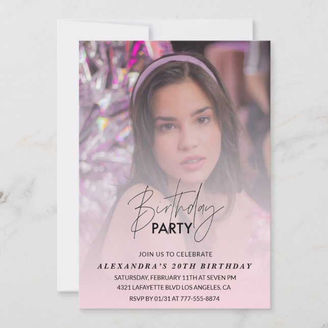 Invitación Foto invitada por 20 años por Pink Shadow Girly (Anverso)