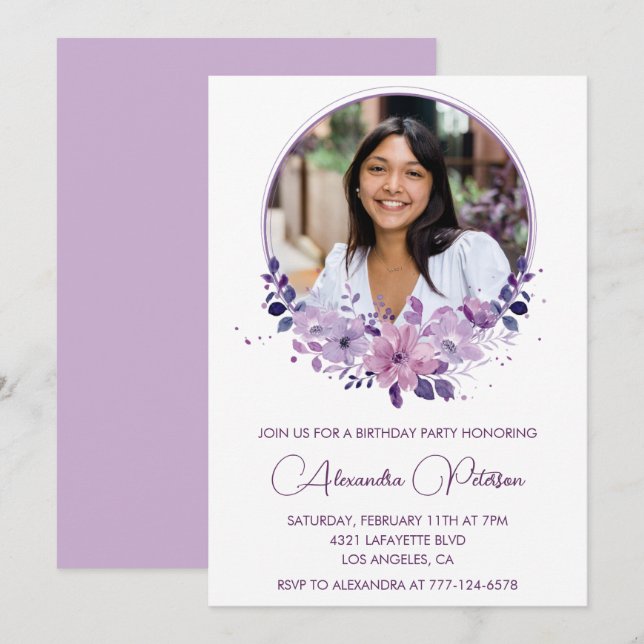 Invitación Foto invitada por 29 años Purple Floral (Anverso / Reverso)