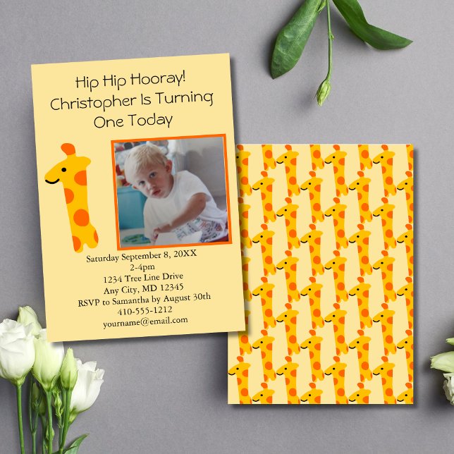 Invitación Foto Jirafa Naranja y Amarilla Cumpleaños 1  (Photo Giraffe 1st Birthday Invitation, Yellow Orange, Printed or Digital Download)