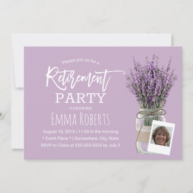 Invitación Foto Jubilación Clásica Lavender Floral Jar Purple (Anverso)