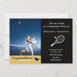 Invitación Foto jugador de tenis negro dorado blanco graduaci
