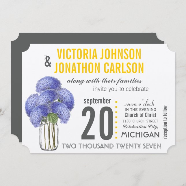 Invitación Foto Lavender amarillo Hydrangea Mason Jar Boda (Anverso / Reverso)