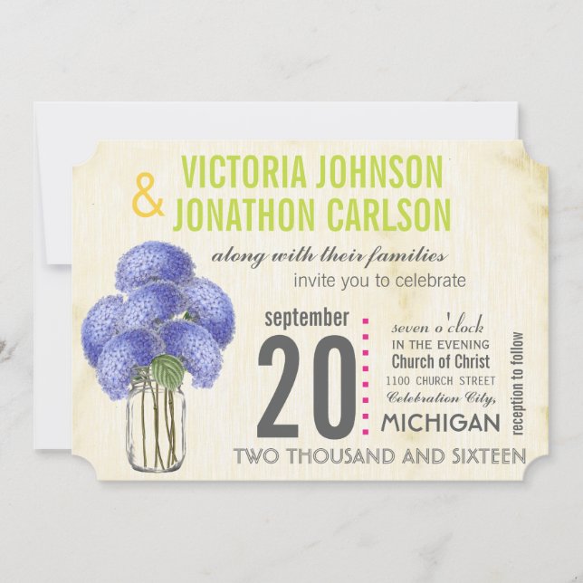 Invitación Foto Lavender Lime Hydrangea Mason Jar Boda (Anverso)