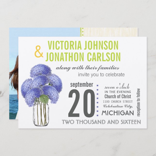 Invitación Foto Lavender Lime Hydrangea Mason Jar Boda (Anverso / Reverso)