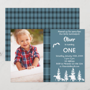 Invitación Foto leñador de primera cumpleaños fiesta niño azu
