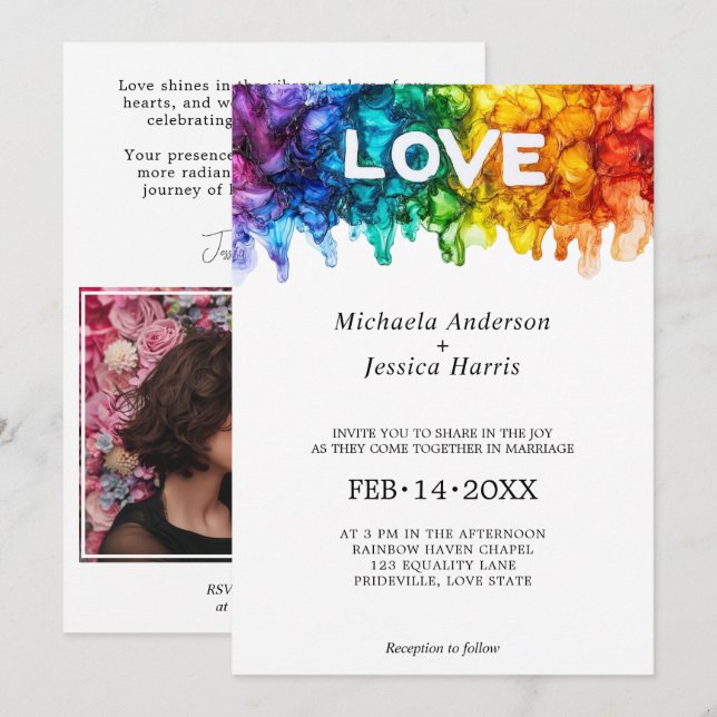 Invitación 🌈 Foto LGBTQ Pintada Con boda De Amor (Anverso / Reverso)