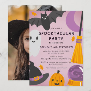 Invitación Foto linda de naranja púrpura Halloween cumpleaños