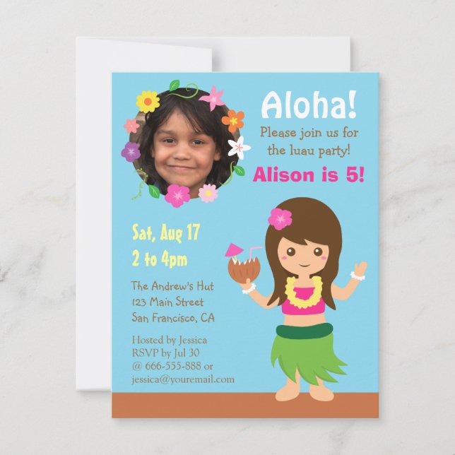 Invitación Foto Lindo Hula Hawaiano Fiesta Luau (Anverso)