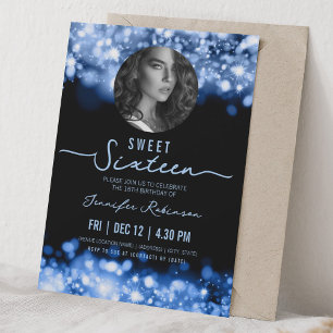 Invitación FOTO Luces Brillantes Cumpleaños Dulces 16 Azul Ma