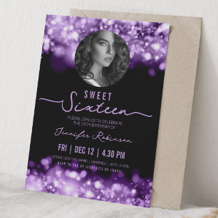Invitación FOTO Luces Brillantes Cumpleaños Dulces 16 Morado