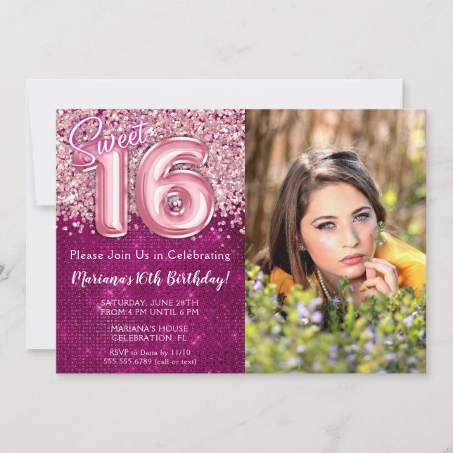 Invitación Foto Magenta Pink Sweet 16th Birthday Party (Anverso)
