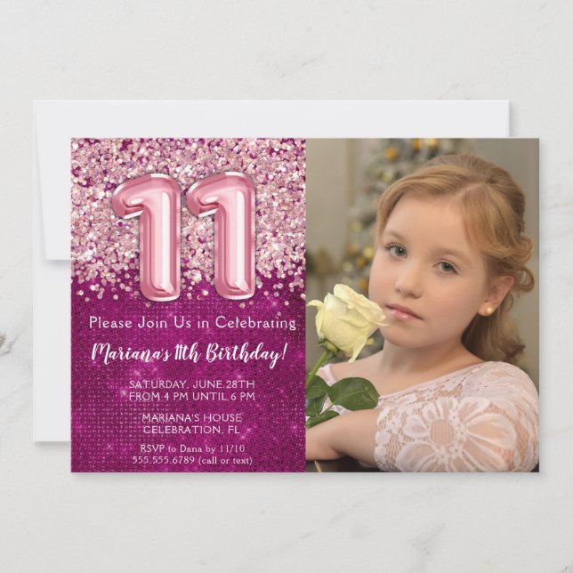 Invitación Foto Magenta Purpurina Rosa 11º cumpleaños (Anverso)