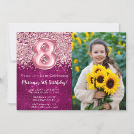 Invitación Foto Magenta Purpurina Rosa 8 cumpleaños