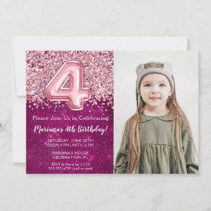 Invitación Foto Magenta Purpurina Rosa en su cuarto cumpleaño
