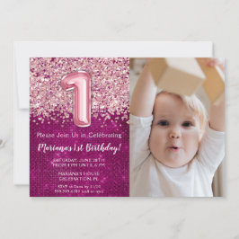 Invitación Foto Magenta Purpurina Rosa Primer Cumpleaños