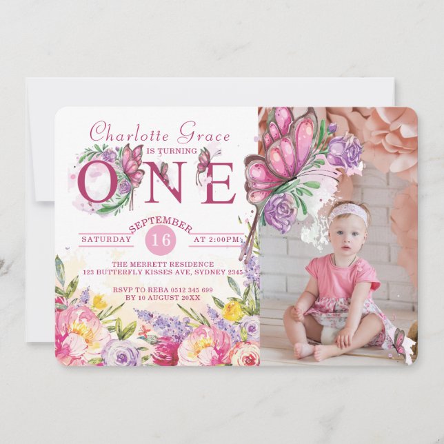 Invitación Foto Mariposa acuarela Floral Primer cumpleaños (Anverso)