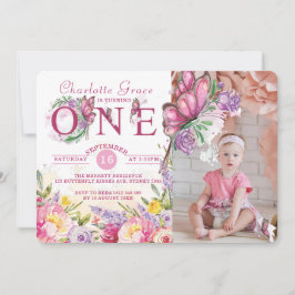Invitación Foto Mariposa acuarela Floral Primer cumpleaños