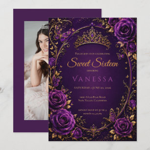 Invitación foto mariposas princesa dulce 16 púrpura