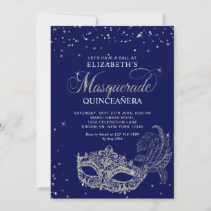 Invitación Foto Máscara de Baile de Quinceañera Azul Plateado