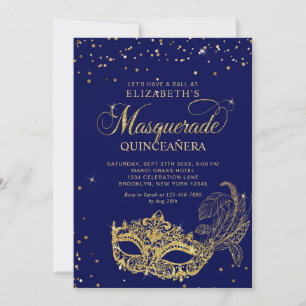 Invitación Foto Máscara de Quinceañera Azul Dorado Brillante